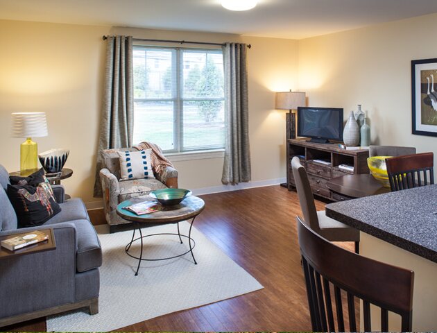 Apartment living room with hardwood floors and large windows